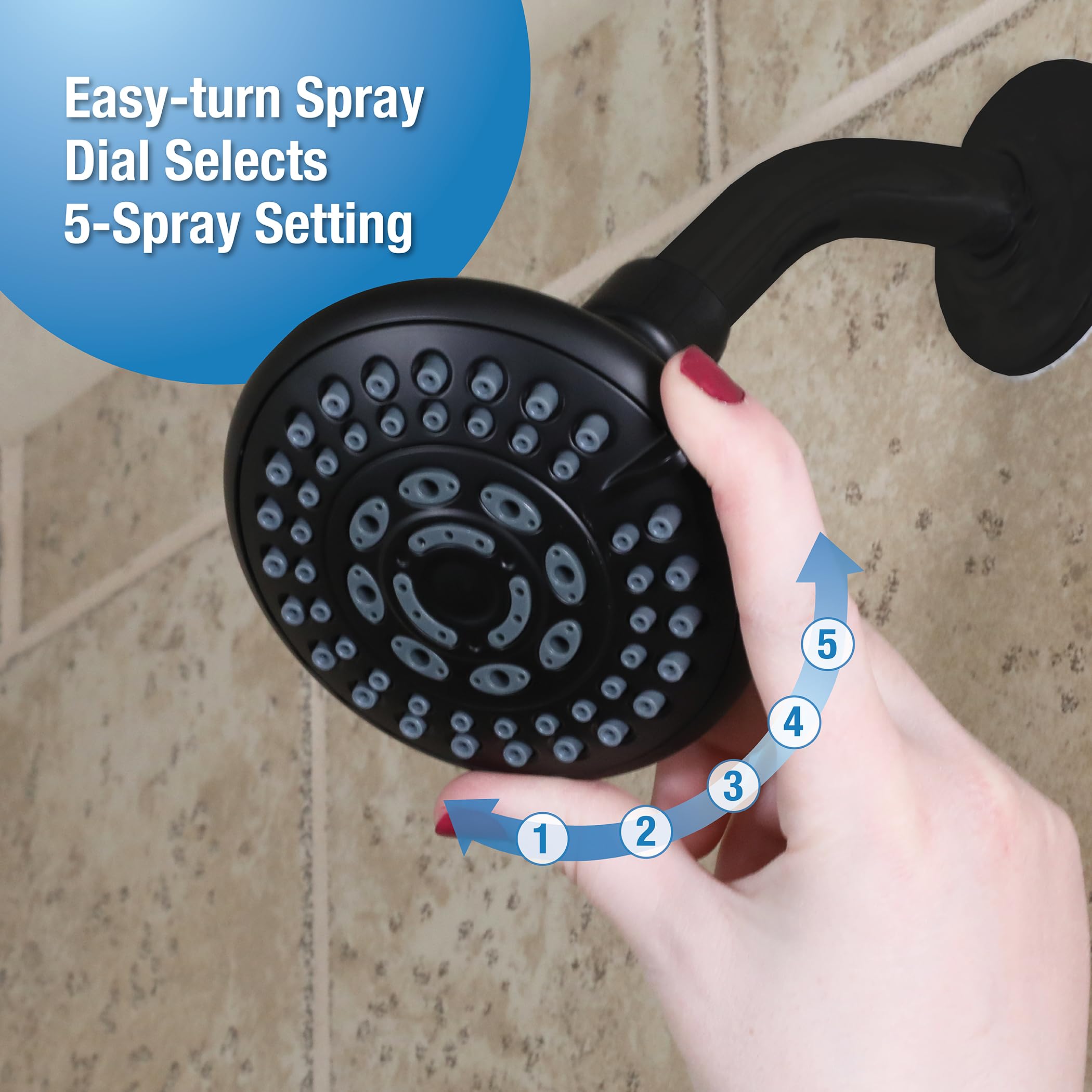 Danco 1.8GPM 5-Spray Water-Saving Luxury Shower Head with Adjustable Swivel Ball Joint in Matte Black (12023) - Image 3
